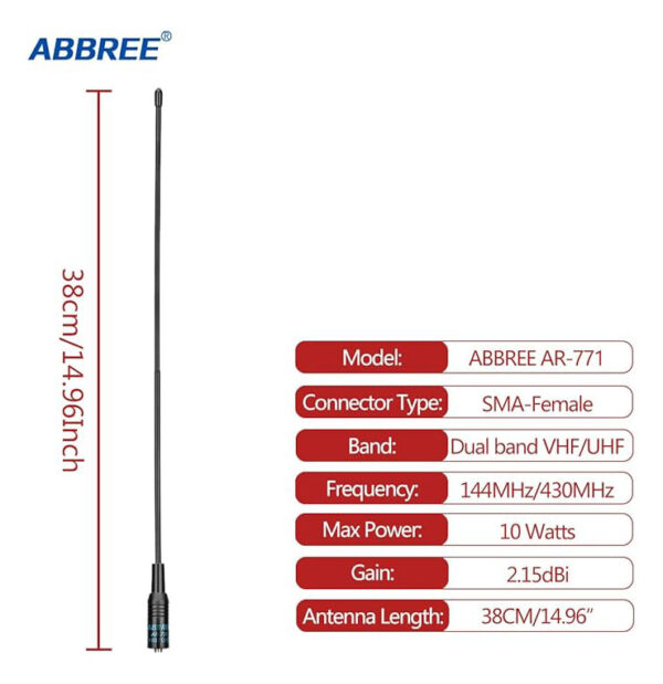 Antena AR-771 de 14.96 pulgadas SMA-Hembra para Radioaficionados – Antena Flexible de Alta Ganancia de Doble Banda VHF/UHF compatible con Baofeng - Imagen 3
